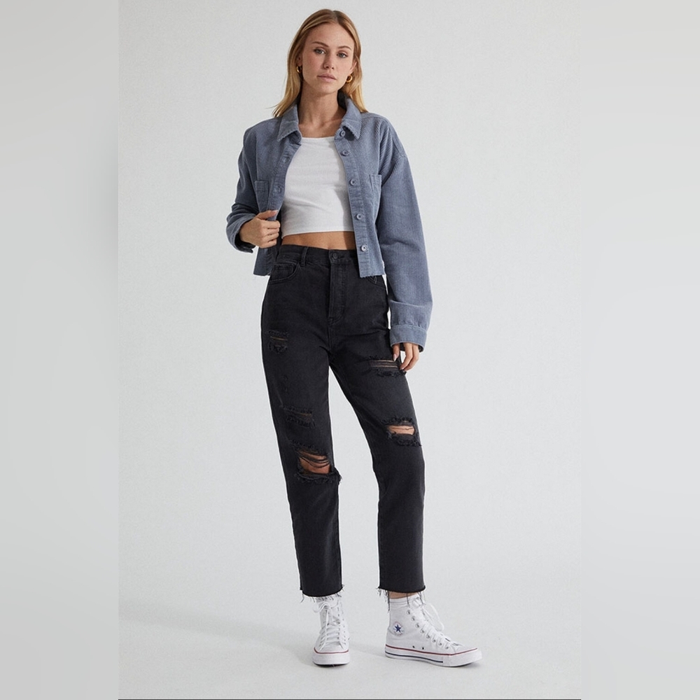 PACSUN Black High Waisted Straight Leg Jeans Raw Ripped Distressed Womens - Picture 9 of 11